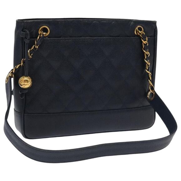 CHANEL Matelasse Chain Shoulder Bag Caviar Skin Navy Gold CC - Picture 1 of 16